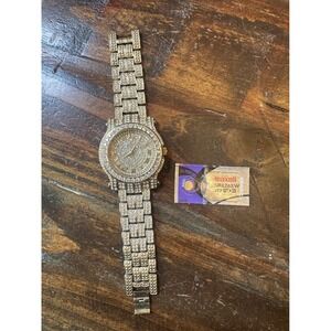 Techno Pave 7341 Iced Out Coin Dial Eagle Quartz Watch Mens Bling Gold Tone